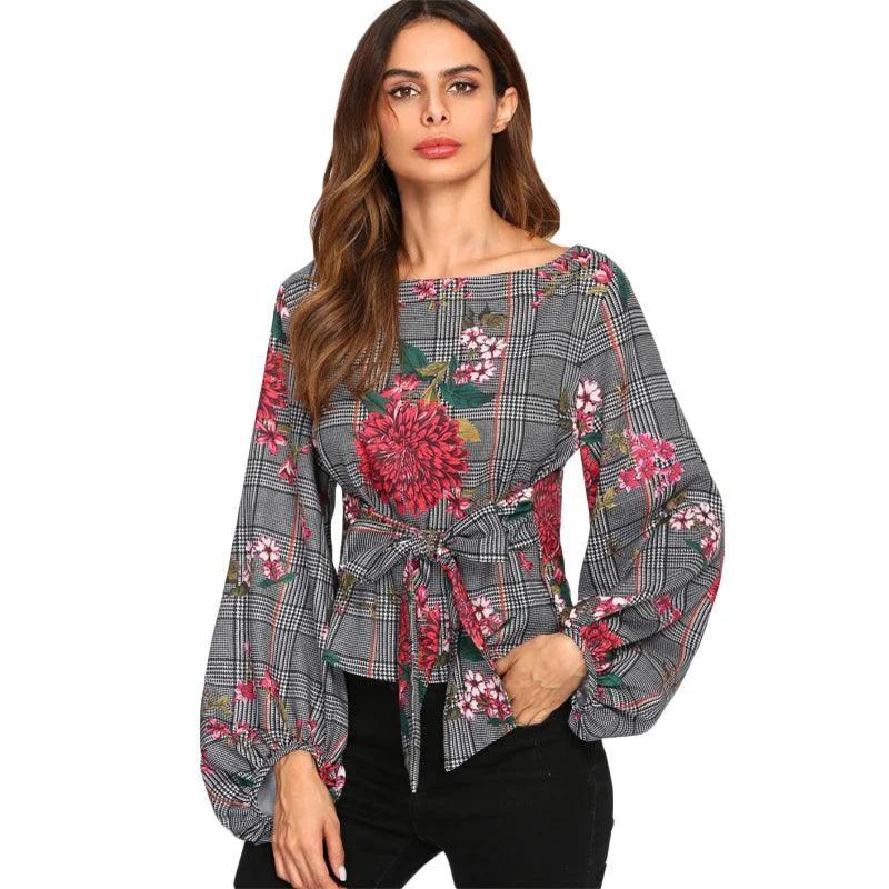HOLLY’S HOUNDSTOOTH FLORAL LANTERN SLEEVE TOP Modern Women's Tech