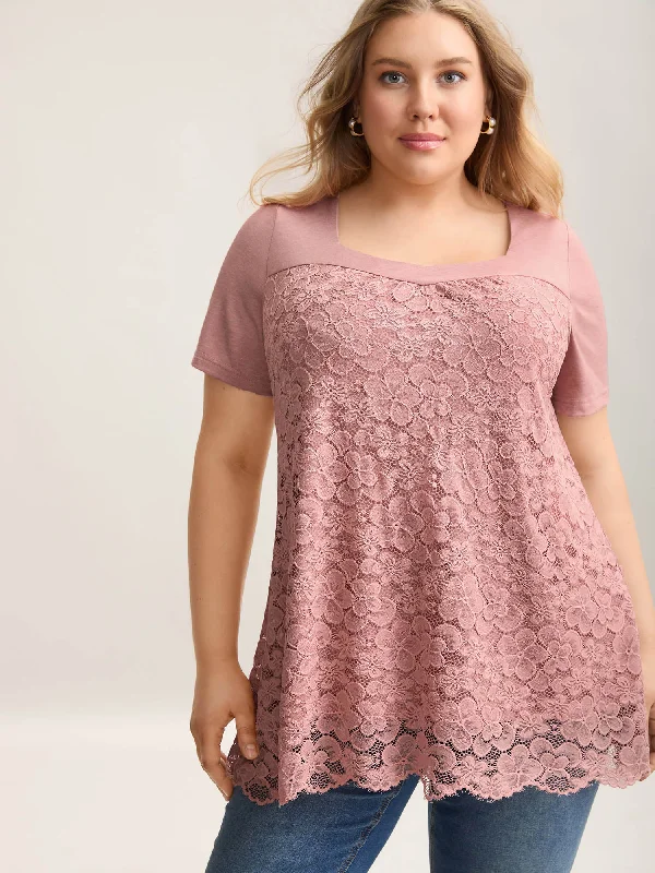 Stretchy Lace Spliced Sweetheart Plain Top Vacation