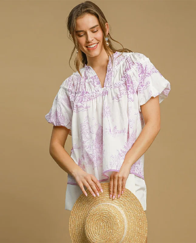 Print Ruffle Neck Top Youthful Women's Anime - inspired