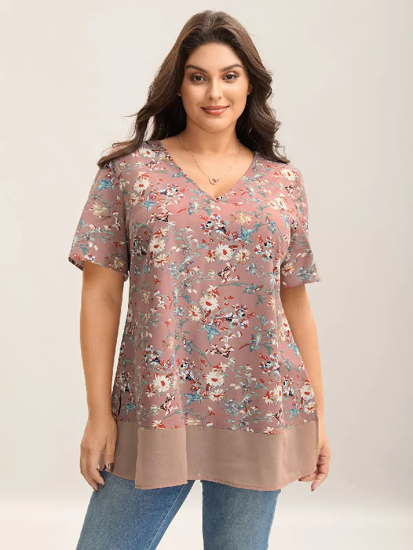 Garden Print Spliced V-Neck Blouse Laid - back Women's Vibe