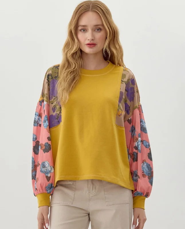 Vibrant Colorblock Floral Sleeve Top Polished Women's Silk