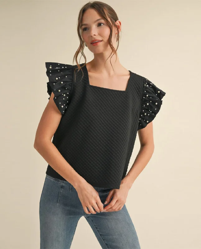 Square Neck Top with Pearl Embellished Sleeves Feminine Women's Style 