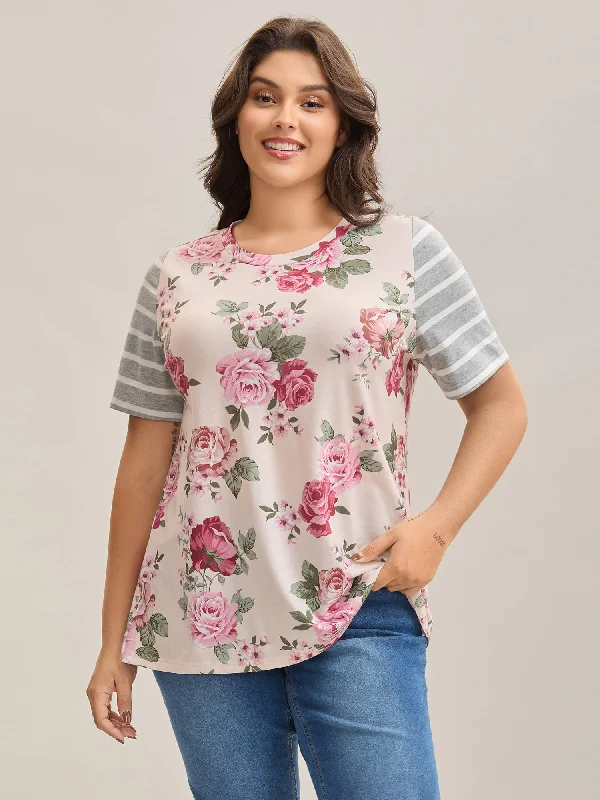 Floral Striped Stretchy Crew Neck T-Shirt Laid - back Women's Vibe