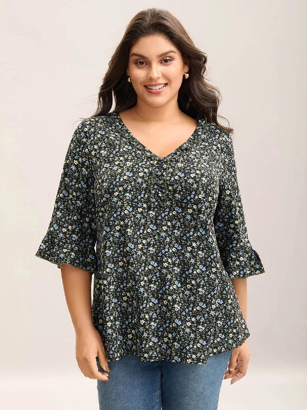 Ditsy Floral Print Frill Trim Blouse Practical Women's Multi - 