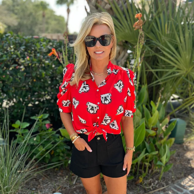 Adia Puff Sleeve Button Down Top | Bulldog Print Country