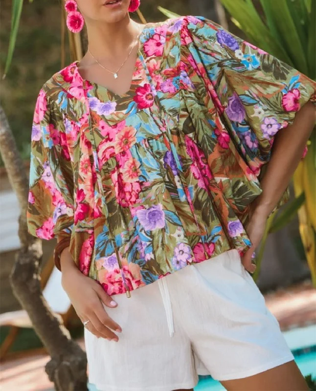 Floral Print Bubble Sleeve Knit Top Street
