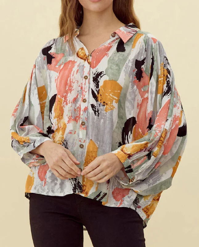 Abstract Print Long Sleeve Blouse Confident Women's High - fashion
