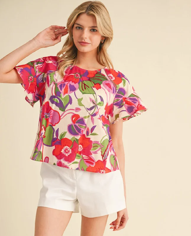 Colorful Floral Top With Ruffle Sleeves British Gentlewoman Style