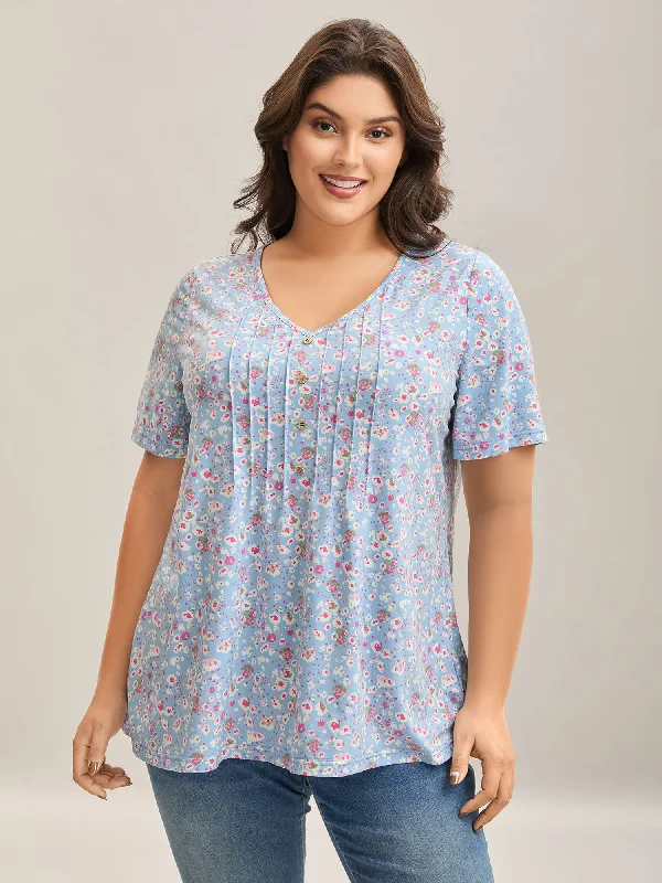 Floral Print Plicated Detail T-Shirt Minimalist Women's Casual