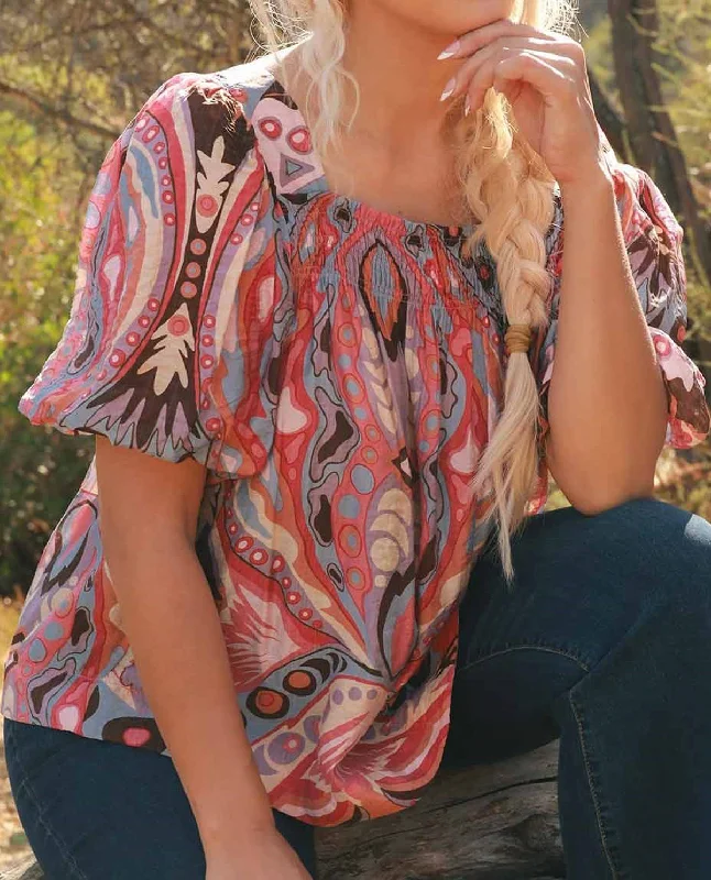 Plus Abstract Print Square Neck Top Feminine Women's Soft 
