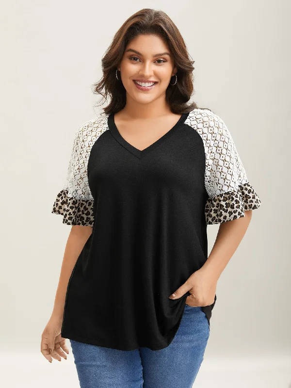 Textured Leopard Print Contrast Plain T-Shirt Stylish Women's Neon