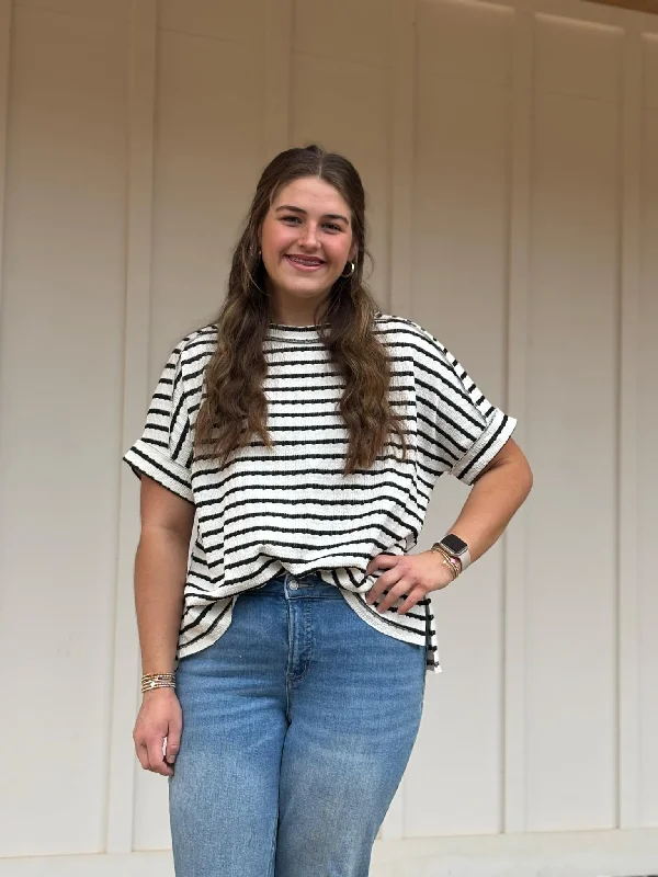 Striped Jacquard Textured Top British Gentlewoman Style