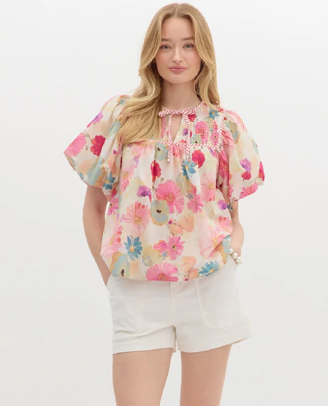 Print Top with Tie Neckline and Puffed Sleeves Cool Women's Skate
