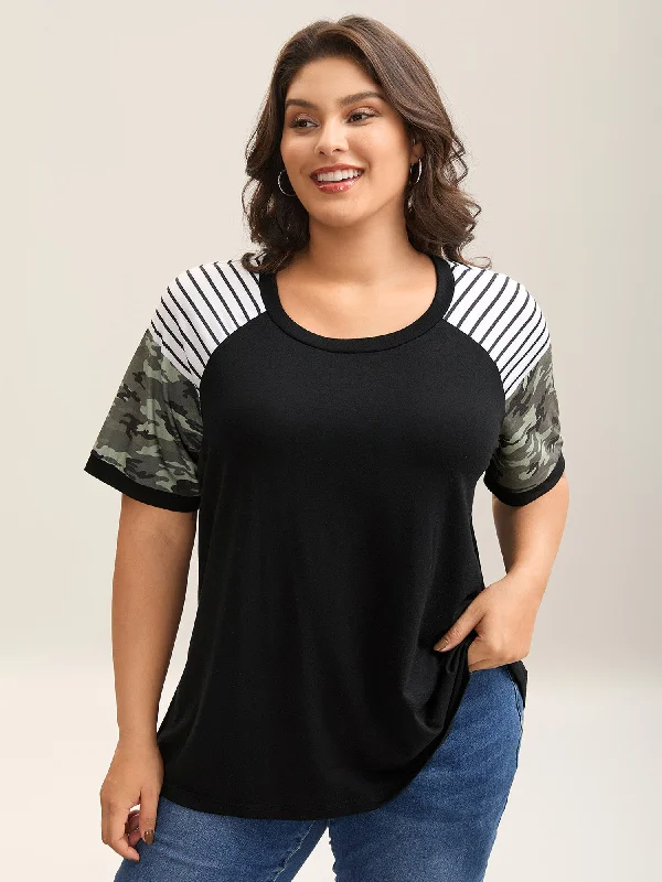 Striped Camouflage Print Round Neck T-Shirt Stylish Women's Tropical 