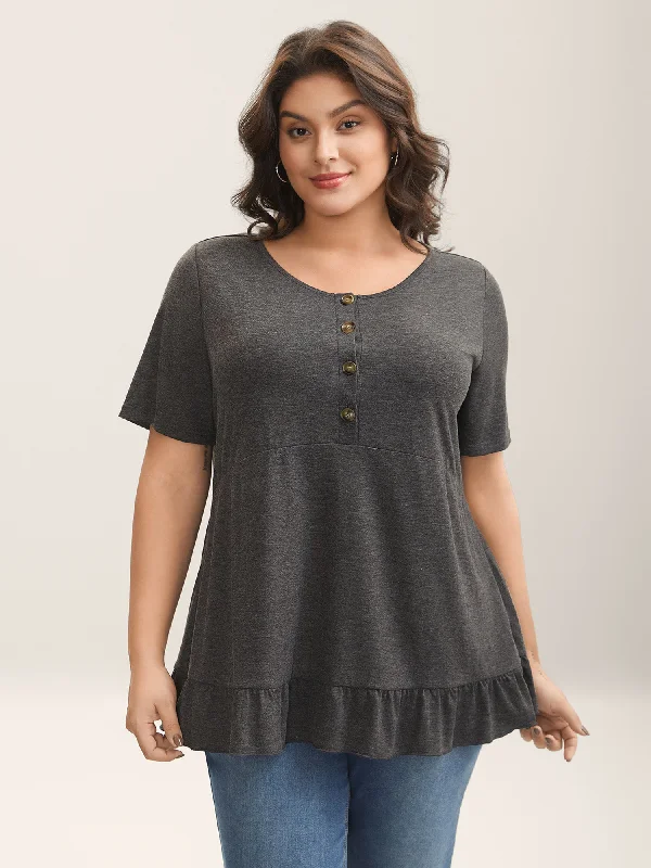 Button Detail Ruffled Hem Babydoll T-Shirt Athletic Women's High - 