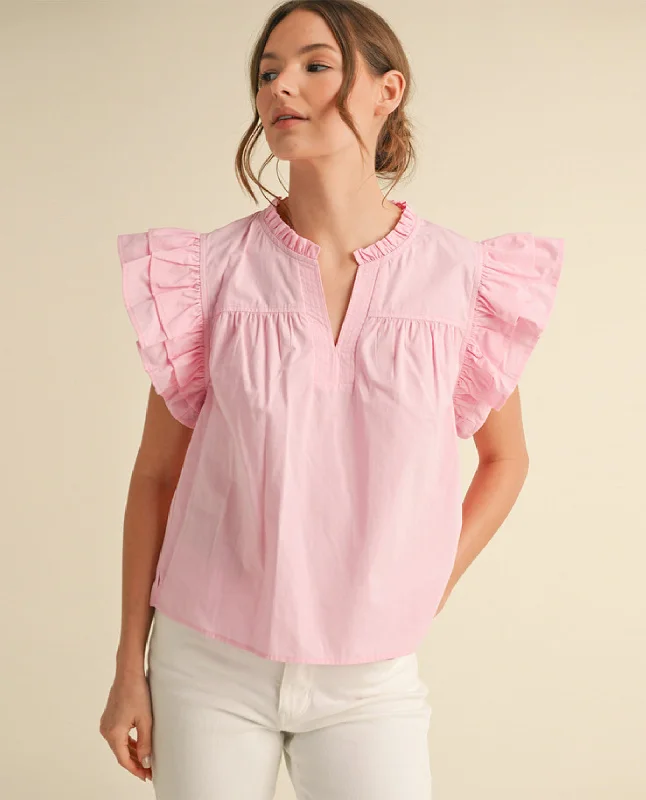Pink Ruffle Sleeve Top Casual Women's Loose - fitting
