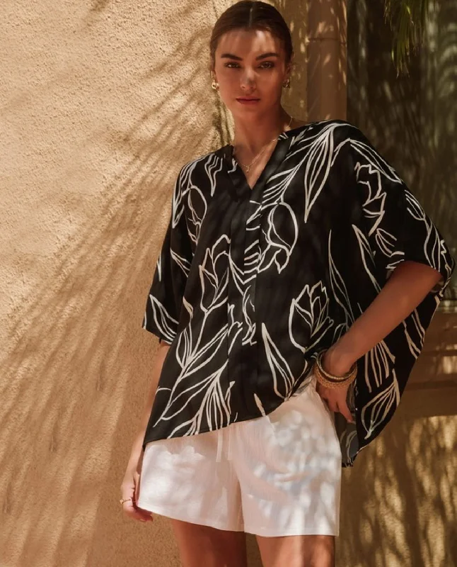 Black Etched Floral Print Top Vacation