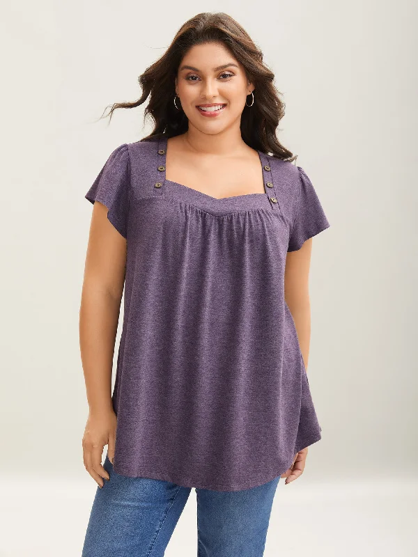 Pleated Shoulder Button Plain Relaxed T-Shirt Cozy Women's Sherpa - lined