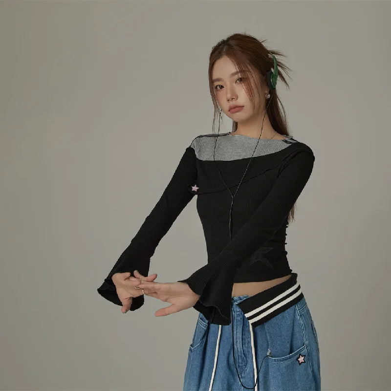 Contrast Ribbed Cropped T-Shirt Minimalist Women's Casual