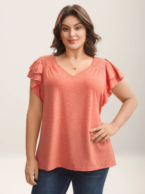 Shirred Layered Lotus Leaf Sleeve T-Shirt Feminine Women's Style 