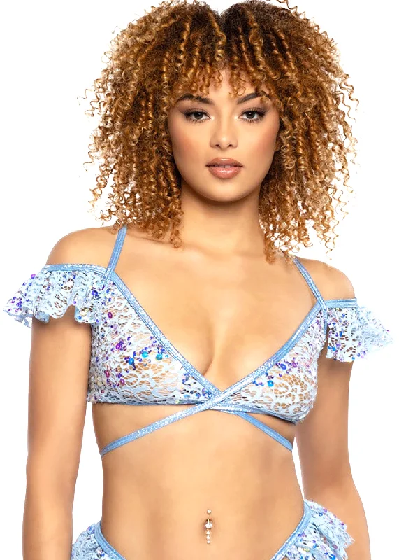 Ice Queen Sequin Lace Ruffle Wrap Top Disco