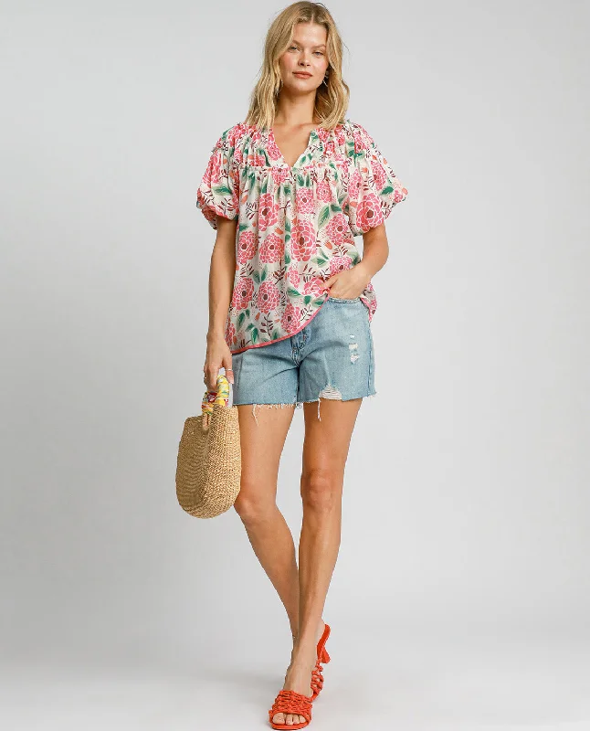 Floral Print Top with Puffed Sleeves Sophisticated Women's 