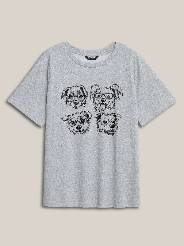 Puppy Print Round Neck T-Shirt French