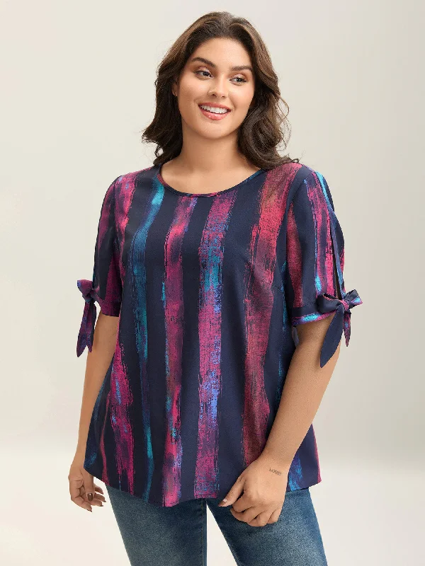 Irregular Stripes Sleeve Tie Blouse Dapper Women's 1920S