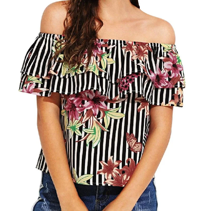 FLORA’S FLORAL STRIPE RUFFLED TOP Minimalist Women's Casual