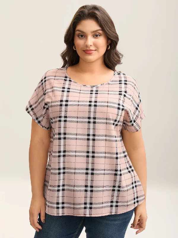 Plaid Pattern Round Neck Flared Shirt Earthy Women's 