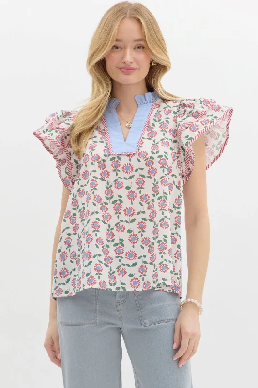 Print Mix Top with Flutter Sleeves and Split Neckline Monochromatic All - in - one