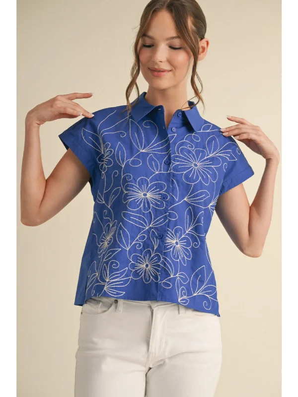 Flower Embroidered Top with Collard Neck French
